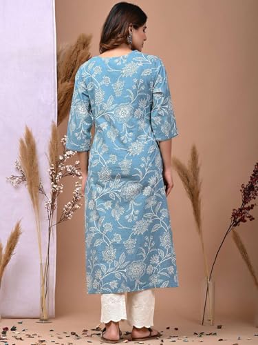 Image of Rimeline Women's Cotton Printed Kurta with Embellished V-Neck Design | Straight Fit Ethnic Wear for Office, Casual & Daily Use
