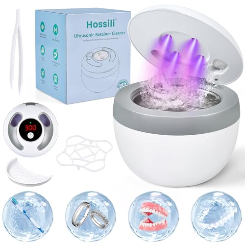 Ultrasonic Retainer Cleaner Machine, 45kHz 200ML Dental Cleaning Pod with 4 Wash Modes, Digital Timer for Denture Cleaner, Aligners, Mouth Guards, Braces, Jewelry & Toothbrush Heads (White)