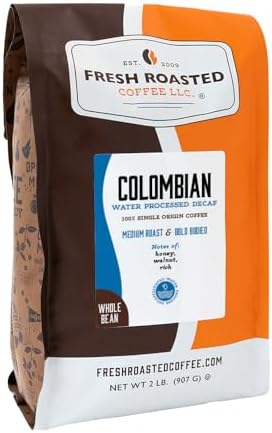 Fresh Roasted Coffee, 100% Colombian Water-Processed Decaf Whole Bean Coffee, Medium Roast, Kosher, 2 lb (32 oz)