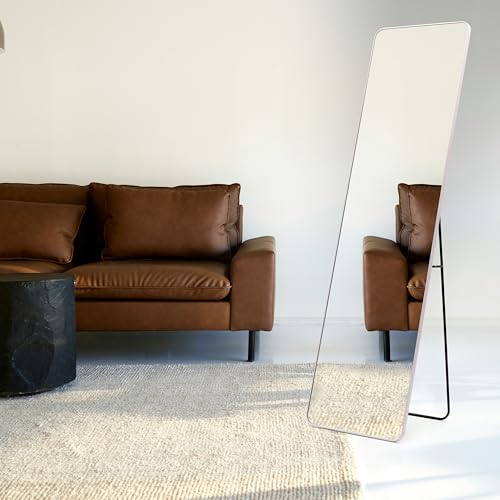 Image of Artspire Home Elegant Round Corner Wall Mirror | Aluminium Frame, Explosion-Proof Sheet with Stand |Dressing Mirror for Bedroom, Entryway, Walk-in Closet & Foyer Home & Office (White, 45x155CM)