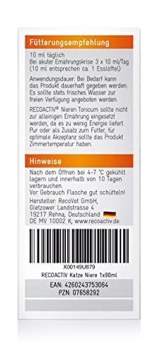 RECOACTIV Nieren Tonicum für Katzen, 1 x 90 ml, bei Anzeichen Einer Nierenfunktionsstörung, in der Rekonvaleszenz und zur Prophylaxe. Hochwertiges Protein, Appetit anregendes Ergänzungsfuttermittel
