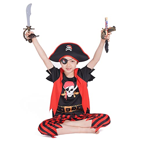 Rabtero Kid's Pirate Costume,Deluxe Pirate Role Play Dress Up Set With Pirate Hat,Eye-Patch,Coins,Pirate Sword Etc For Boys And Girls 7-8Years #TOP3