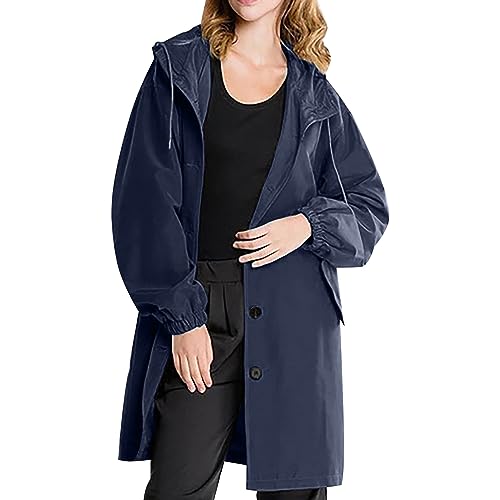 L9WEI Gabardina para mujer, chaqueta cortavientos de longitud media con capucha, monocolor, manga larga, cortavientos, parka para otoño y exteriores, marine, S