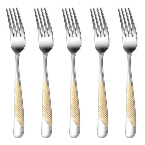 Image of Sterling Silver with Golden Handle French Style Silverware | 5-Piece Hammered Dinner Fork Set | 18 /10 Stainless Steel Flatware | Durable & Elegant Cutlery for Home, Restaurants & Gifting