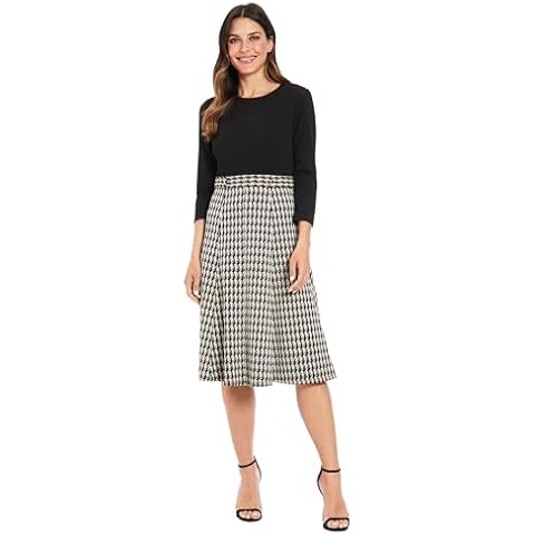 London Times Women's Plus Size Houndstooth Side TAB MIDI Dress, Ivory/Black Cover
