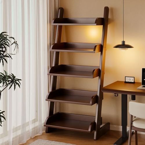5-Tier L-Shaped Wood Ladder Shelf with Baffle, No Back Panel, Leaning Bookshelf for Living Room, Home Office, Bedroom, Tall Storage (27.6in)