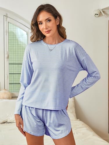 ANRABESS Womens Long Sleeve Pajama Sets 2025 Fall 2 Piece Outfits Lounge Matching Short Set Striped Pjs Loungewear Sleepwear2