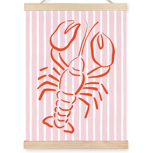Image of PQKIY Trendy Red Lobster Coastal Wall Art Poster Hanger Frame 12x16 in, Summer Nautical Beach Seafood Pink Striped Wall Decor Canvas Prints for Home Kitchen Dining Room