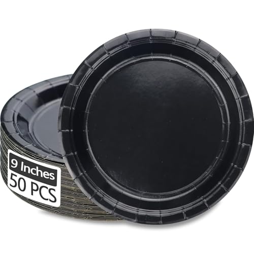 50Pcs Black Paper Plates - 9” Black Disposable Plates Round Bulk Dinner Plates for Daily Use Holiday Picnic Celebrations Birthday Party Decorations
