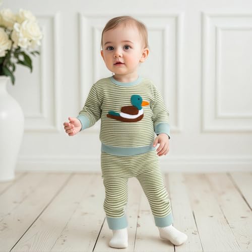 fhutpw Baby Toddler Boy Girl Fall Winter Clothes Embroidery Stripe Pullover Pants Sets Infant Long Sleeve Sweatshirt Outfits (Green Duck, 18-24 Months)