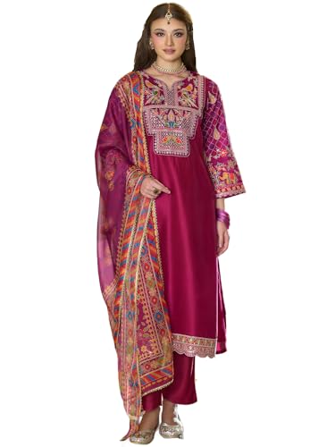 Image of INDO ERA Women's Silk Blend Ethnic Motifs Embroidered Straight Kurta & Pant with Dupatta Set (IEOUT12101)