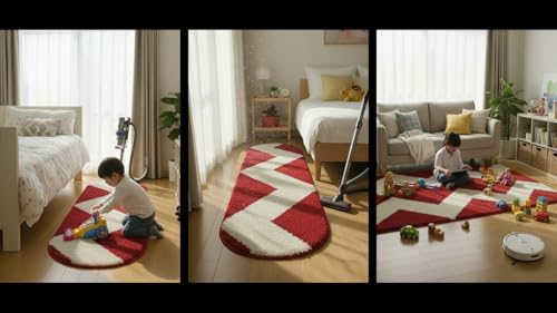 Image of Fluffy Silky Micro Fiber Polyster Carpet /Runner for Bedroom, Study Room, Playing Room, Guest Room ETC. 2x6 feet Feet, (Red and Ivory Chevron Pattern)