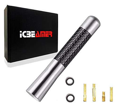 ICBEAMER 3" 76 mm Carbon Fiber Polished Finish & Silver Aluminum Short Automotive Antenna with Internal Copper Coil Universal Fit AM/FM Radio Antenna Replacement Compatible for Car, Truck and Van