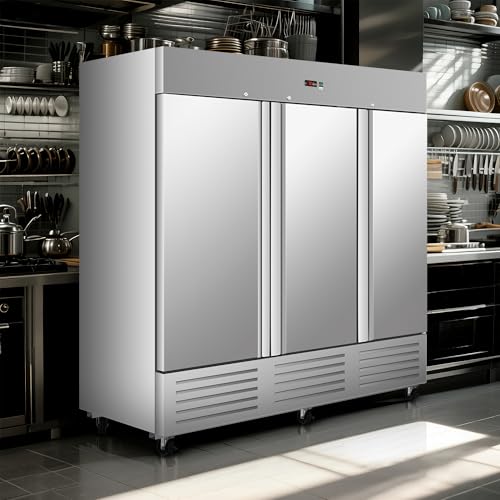Image of 81 inch W Commercial Upright Freezer with Three-Door: 72 Cubic Feet Storage, Adjustable Shelving, Automatic Defrosting, Precision Digital Thermostat, LED Lights, Safety Locks