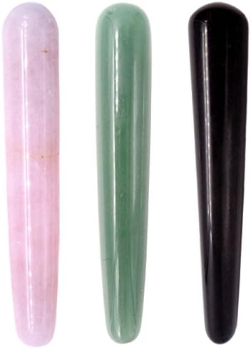 Domika Crystal Massage Tool for Acupuncture Therapy Pointed Stick Tretament Gua Sha Scraping, Natural Rose Quartz Black Obsidian Green Aventurine Jade Gua Sha Massage Stone