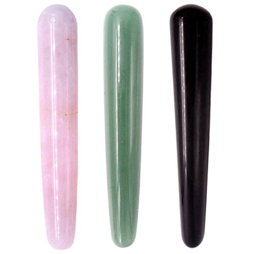 Domika Crystal Massage Tool for Acupuncture Therapy Pointed Stick Tretament Gua Sha Scraping, Natural Rose Quartz Black Obsidian Green Aventurine Jade Gua Sha Massage Stone