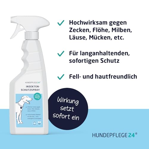 Hundepflege24 Zeckenspray für Hunde - Hochwirksamer Floh und Zeckenschutz für Hunde und Katzen mit Geraniol und Aloe Vera - Insektenschutz gegen Zecken, Flöhe, Milben, Läuse, Mücken - 500ml