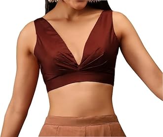 Fashnkart Readymade Indian Bollywood Satin Silk Saree Blouse Women's Solid Plain Top Sleeveless, V-Neckline Sari Choli