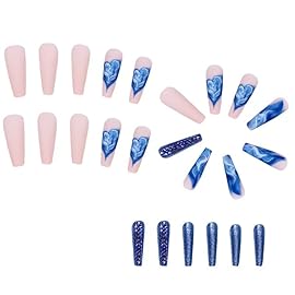 Magrace Long Coffin Press on Nails Blue Fake nails 24 pcs French Tips False Nails with Designs Stick on Nails for Women (A-5)