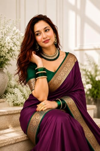 Image of Women's Glory Satin Silk Saree Plain Soft Shiny Elegant Party Traditional Ethnic
