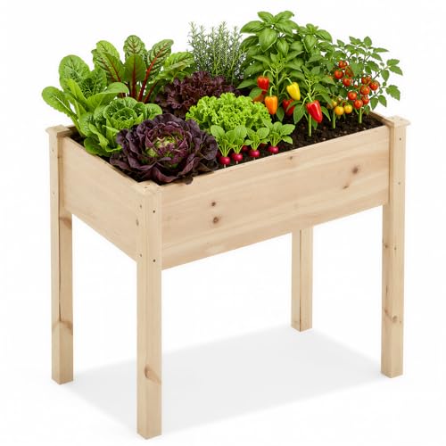 DUMOS Raised Garden Bed 34x18x30 Inch Outdoor Planter Box with Legs Elevated Wood Garden Bed with Liner for Herbs Flowers Vegetables Wooden Planter Box for Patio Balcony Backyard Natural Wood