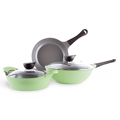 Neoflam Eela 5pc Ceramic Nonstick Cookware Set, PFOA Free Pots and Pans with Integrated Steam Vent Lid knob Prevents Boil Over for Safer Cooking, Silicone Hot Handle Holder Included, Apple Green