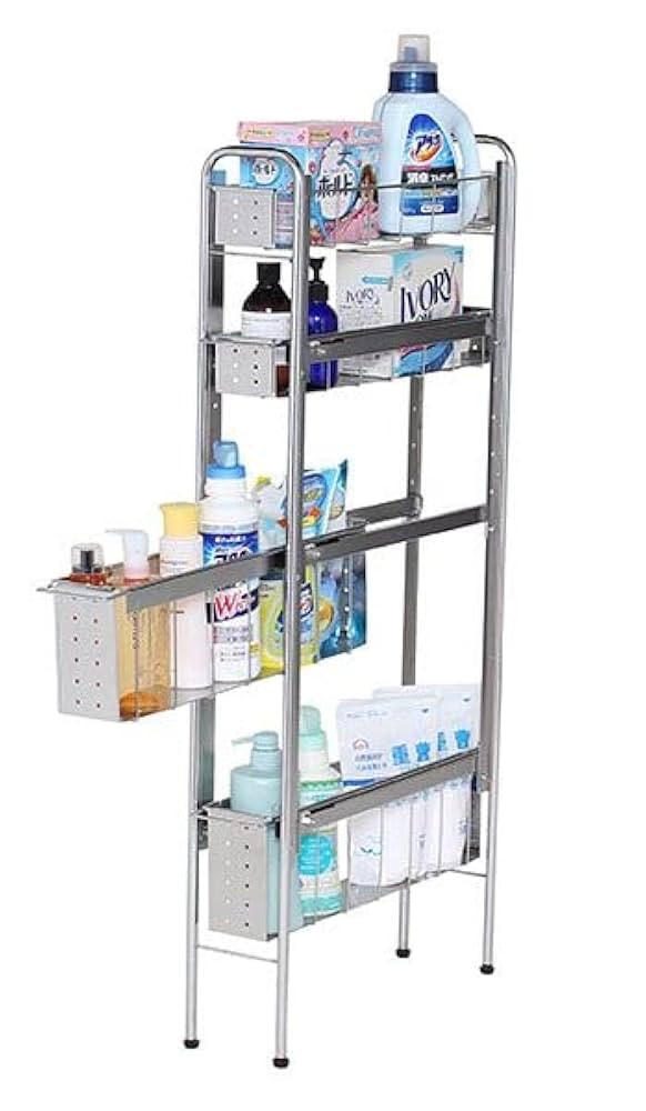 ランドリーラック 洗濯機ラック ステンレス棚の洗濯機サイドラック 4段・幅14cm・高さ103cm
