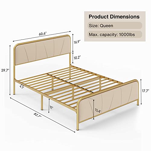 Gizoon Queen Size Bed Frame, Platform Bed Frame With Upholstered Headboard, Golden Heavy Duty Metal Mattress Foundation & Steel Slats, Sturdy, Noise Free, No Box Spring Needed (Beige) #TOP1