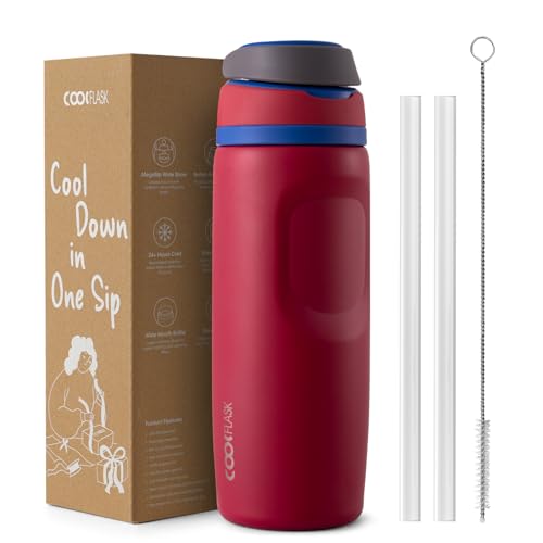 Coolflask MegaSip Stainless Steel Water Bottles 24 oz with Straw, Insulated Water Bottle Leak-Proof, 24+ Hours Cold, BPA-Free Dishwasher Safe, Water Flask for Sports Gym Work Office, Crimson Cobalt