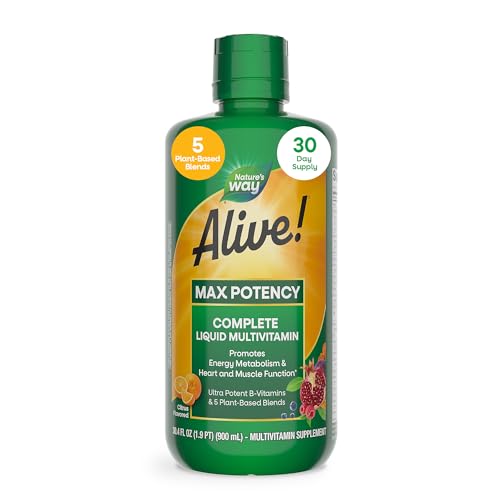 Nature’s Way Alive! Max Potency Complete Liquid Multivitamin, Liquid Vitamin Promotes Energy Metabolism, Heart & Muscle Function* with Vitamins A, B, C, D, Multivitamins for Women & Men, 30.4 Fl Oz