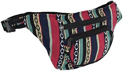 Native Red and Navy Tribal Fabric Waist Bag, 3 Zipper Fanny Pack, Handmade Nepal
