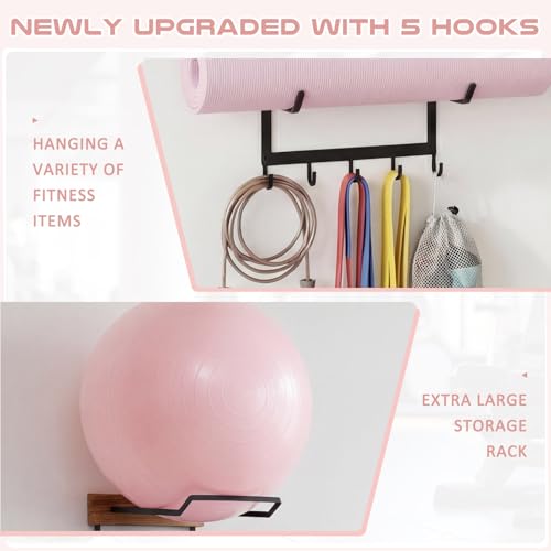 Image of Geelin Yoga Mat and Ball Holder Wall Mount, 4-Tier Yoga Mat & Ball Storage Rack, Home Gym Organizer, Black Metal Floating Shelf for Hanging Foam Rollers & Resistance Bands(5 Hooks Style,Wood Color)