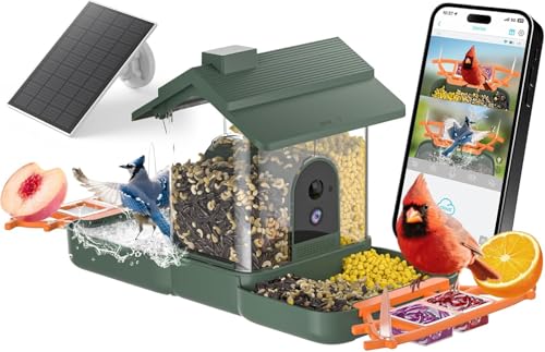 2-in-1 Bird Bath and Bird Feeder with Cameras Solar Powered 2K Dual Cameras Birds Feeder and Bath for Outside Yard Garden Gift for Dad Mom Kids (Dark Green + Orange)