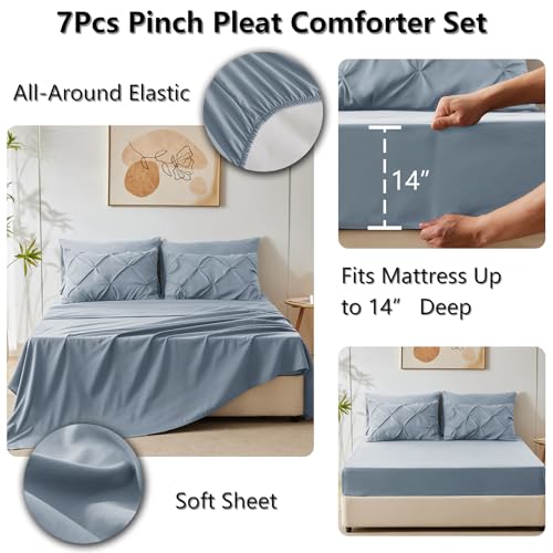 CozyLux Full Size Comforter Sets Grayish Blue, 7 Pieces Pintuck Bed in A Bag Blue Comforter Full Size, Pinch Pleat Bedding Sets with All Season Comforter, Sheets, Pillowcases & Shams