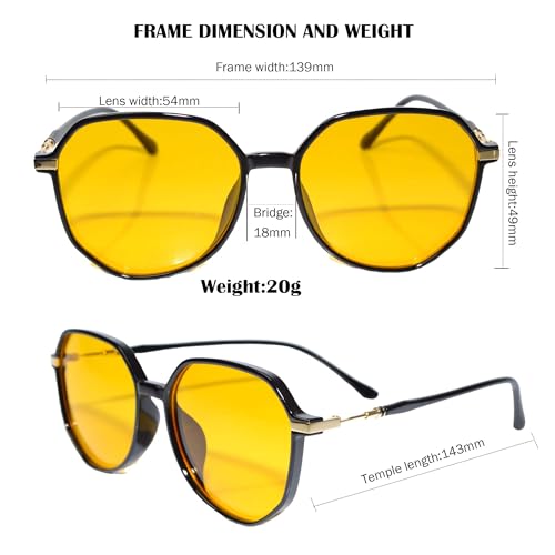 Image of Blue Light Blocking Gaming & Night Driving Glasses - Retro Black Polygonal Frame, Anti-Fatigue Yellow Lenses with Metal Accents for Computer Work & Fashion