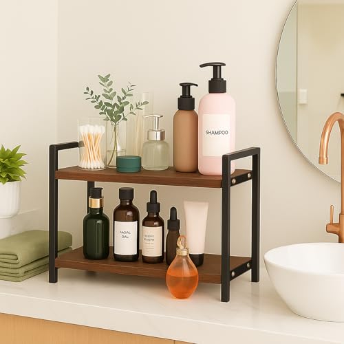 Image of Decorlay Kitchen Countertop Storage Organizer, Laminated Brown Wood Board with Black Metallic Frame | Space-Saving Rack for Spice Bottles & Condiments | Pack of 1