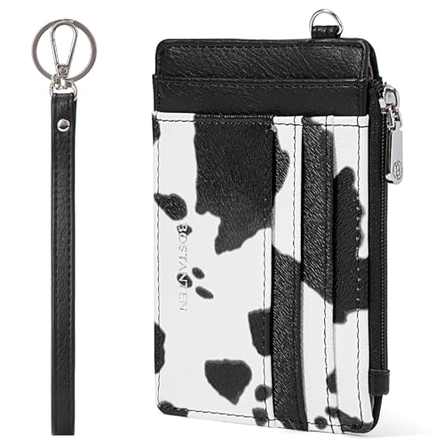 Image of BOSTANTEN Small Wallet For Women RFID Leather Credit Card Holder Slim Wristlet Keychain Wallet With Zipper Pocket White Cow Print