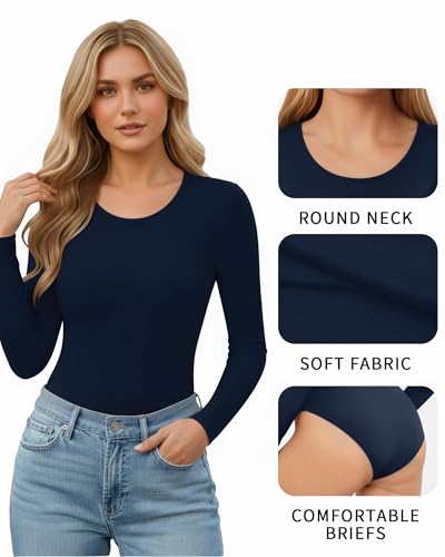 Image of MANGOPOP Women's Scoop Neck Long Sleeve Stretchy Basic Bodysuit Jumpsuits