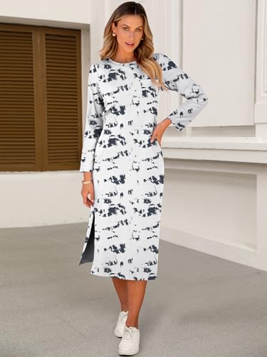 Image of ANRABESS Womens 3 /4 Sleeve Midi T Shirt Fall Dresses | Striped Solid Floral,Long Sleeve Slit Crew Neck &Chest Pocket,2026 Fall Outfits,Casual Travel Vacation Clothes,Summer Spring