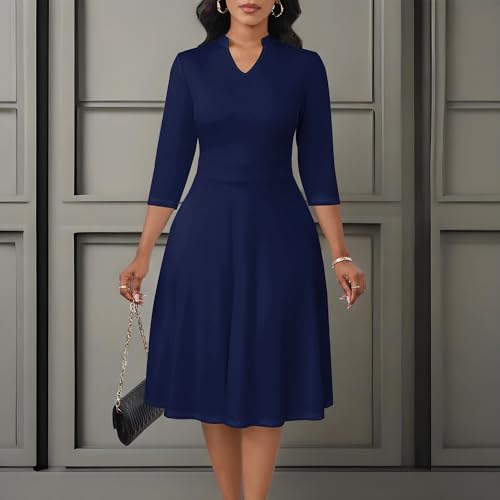 Image of PinkPatty Women's Casual A-line Midi Dresses 3 /4 Sleeve V Neck Fit and Flare Dress with Pockets