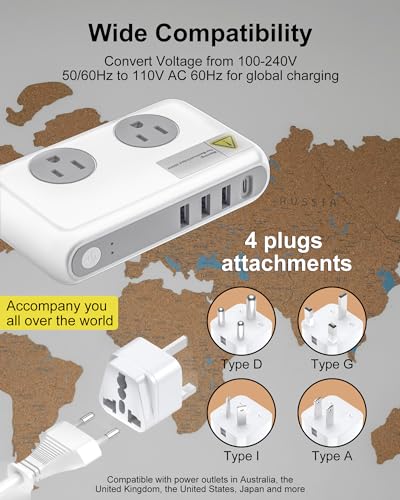 220V to 110V Voltager Converter, 230W Universal Travel Adapter with 4 USB Ports, 2 Outlets and EU/US/UK/AU/in Plug Power Converter Adapter Combo, Step Down Converter for Curling Iron, White3