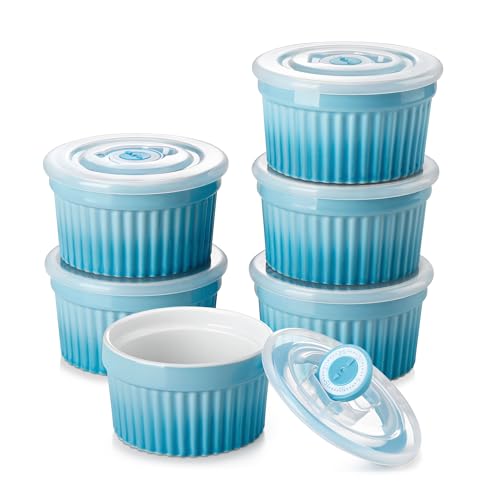 vancasso Moldes para Soufflé con Tapas, 6 Ramequines de Cerámica, 200ml Baking Moldes para Hornear Tartas, Ø 9,5cm Mini Cuencos para Postre, Apto para Lavavajillas, Microondas y Horno, Azul