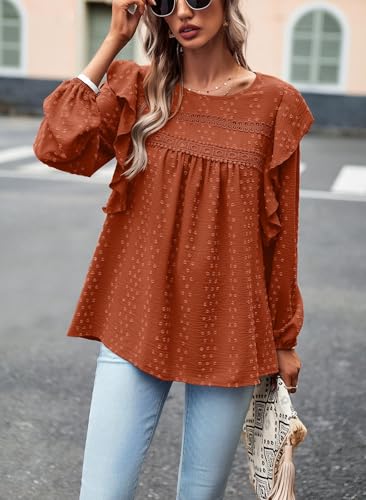 PRETTYGARDEN Women's Long Sleeve Blouses Ruffle Swiss Dot Crochet Loose Fit Tunic Dressy Casual Tops Shirts Fall Fashion 20254