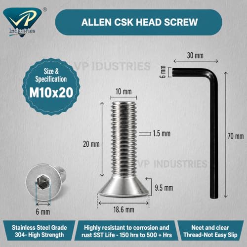 Image of By inchVP INDUSTRIES inch (Pcs-15) M10x20 mm Allen CSK Head Screw Black Zinc Plated High Tensile | Countersunk Screw for Modular Furniture, Wooden Work, Electrical Fittings, DIY & Industrial Use