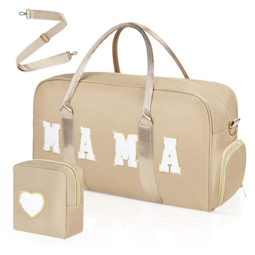 Mama Hospital Bag for Women Labor and Delivery Nylon Chenille Letter Embroidered Duffle Overnight Weekender Bag with Shoes Compartment Mothers Day Gifts(Khaki, Mama)