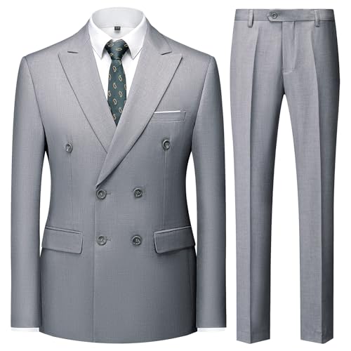 Men's 3 Piece Suit Slim Fit Double Breasted Tuxedo Formal Blazer Pants Vest Suit Set for Wedding Casual Business Grey