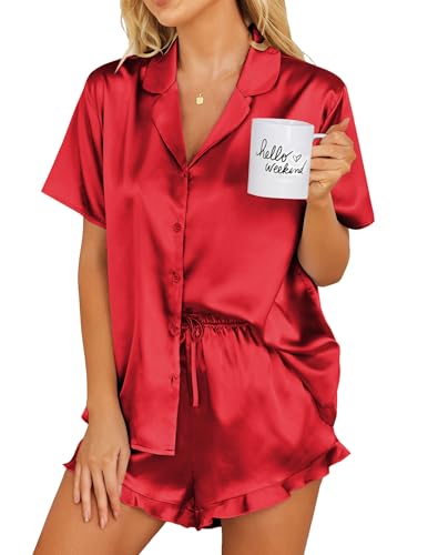 Image of Ekouaer Womens Satin Pajamas Set Button Down 2 Piece Silk Pjs Shorts Set Ruffle Lingerie Notch Collar Sleepwear