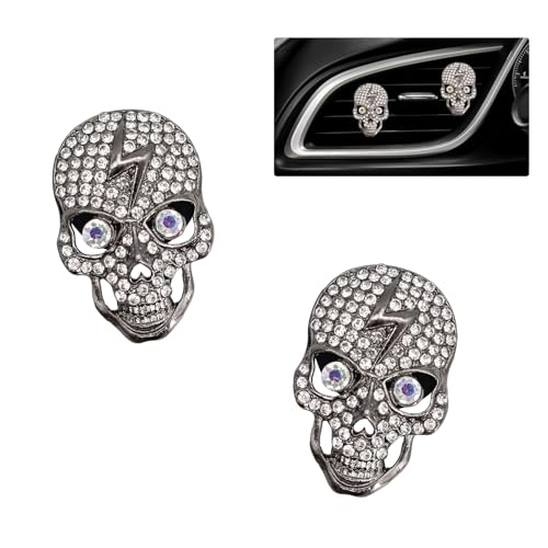 Image of ORIESSE Skull Car Decor 2pcs Bling Skull Car Air Fresheners Vent Clips Black Silver Lightning Skeleton Goth Accessories for Teens Horror Refillable Essential Oil Diffusers