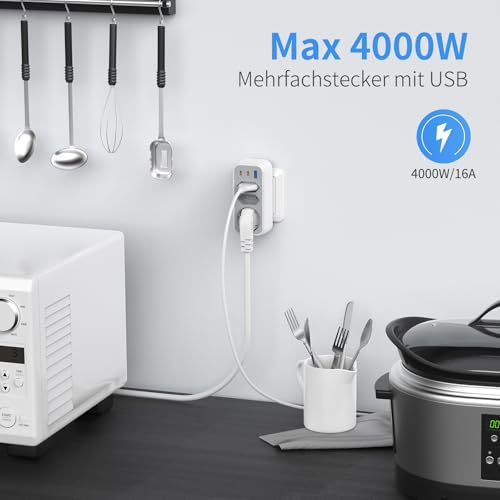 6 in 1 Mehrfachstecker Doppelstecker für Steckdose Mehrfachsteckdose mit 3 USB STGAROT 4000W/16A 3 Fach Steckdosenadapter mit 2 PD20W USB-C Mehrfachstecker für Steckdose 5