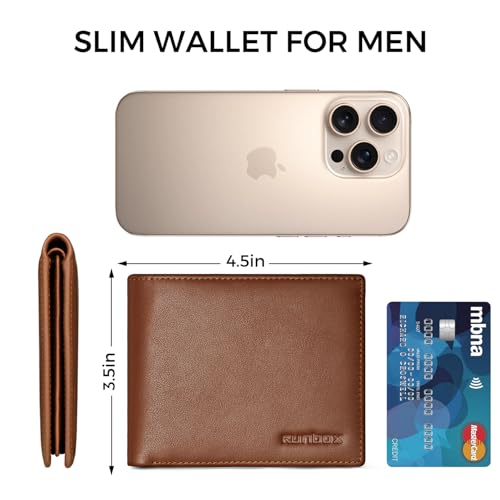 Image of RUNBOX Wallet for Men Leather RFID Blocking Bifold Front Pocket Wallet | Genuine Leather,Slim,12 Card Slots,2 ID Windows,2 Money Pockets, Gift for Men,Compact Travel Business Passport